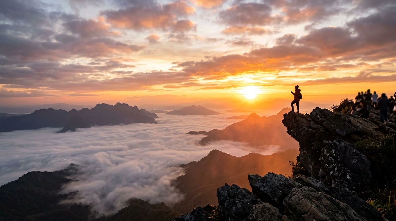 Cliff Edge Sunrise Above Sea of Mist — Phu Chi Fa, Chiang Rai, Thailand