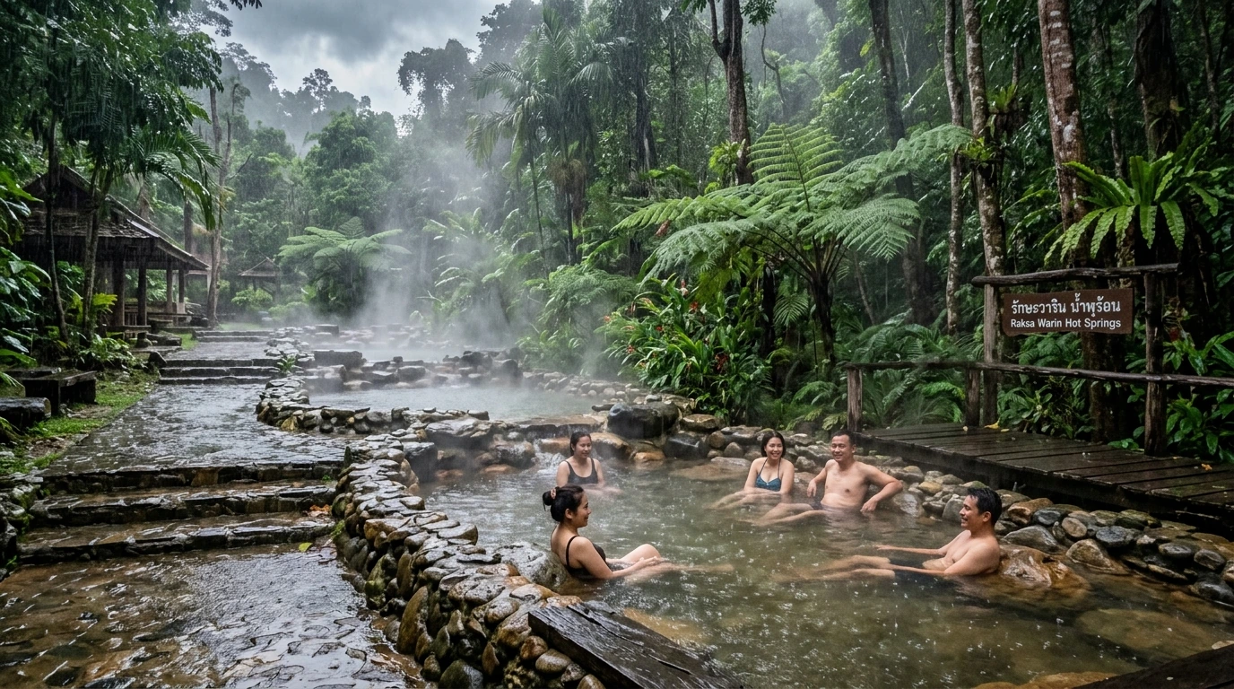 Raksa Warin Hot Springs in Tropical Rain — Ranong, Ranong, Thailand