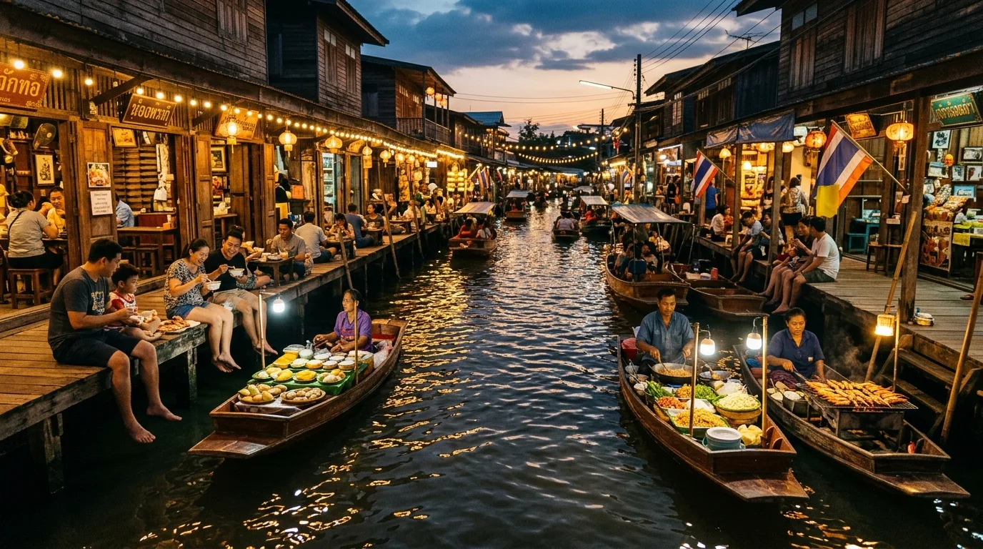 Amphawa Floating Market at Dusk Amphawa Floating Market at Dusk in Samut Songkhram, Samut Songkhram, Thailand