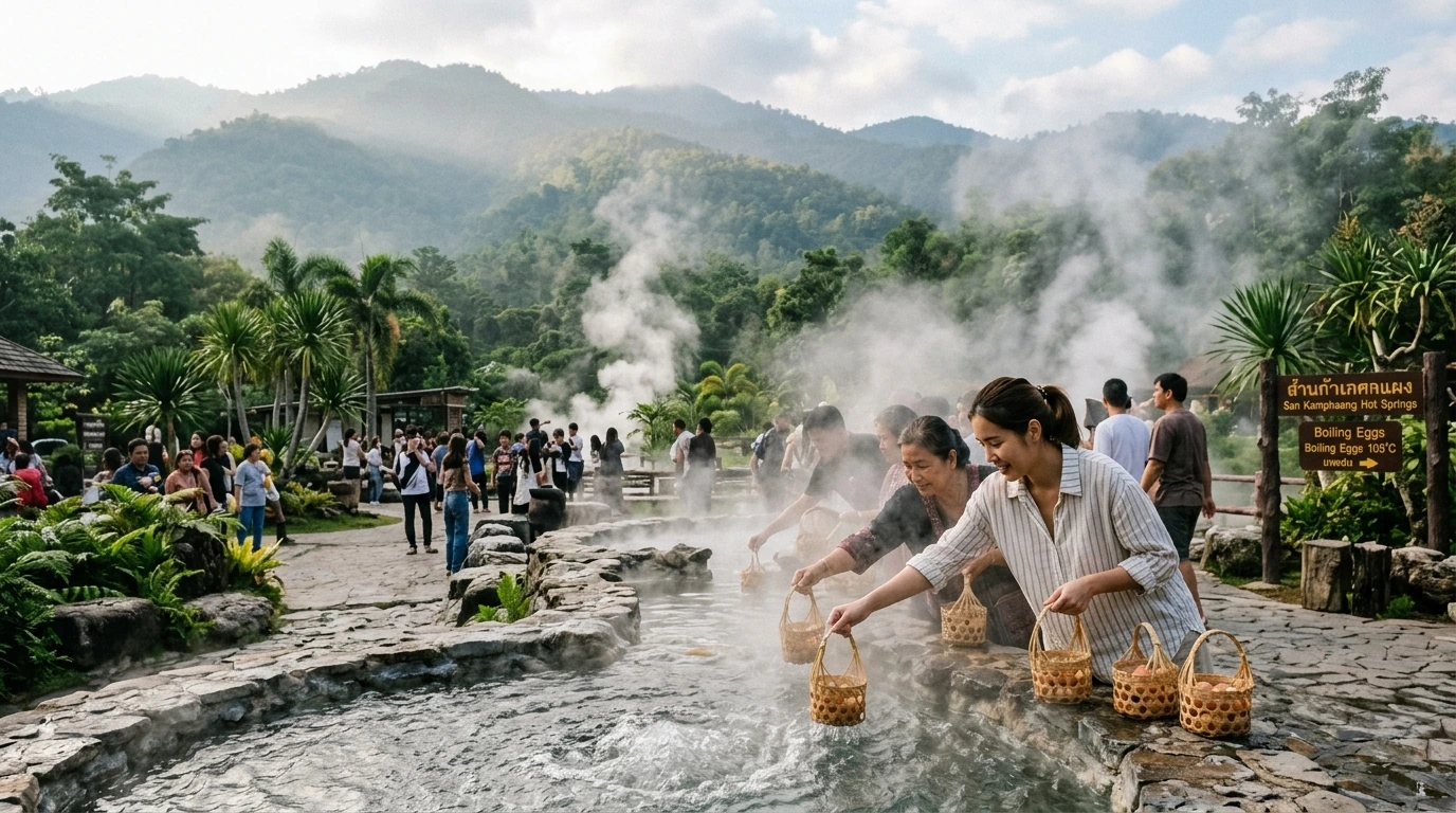 San Kamphaeng Hot Springs in Morning Mist — San Kamphaeng, Chiang Mai, Thailand