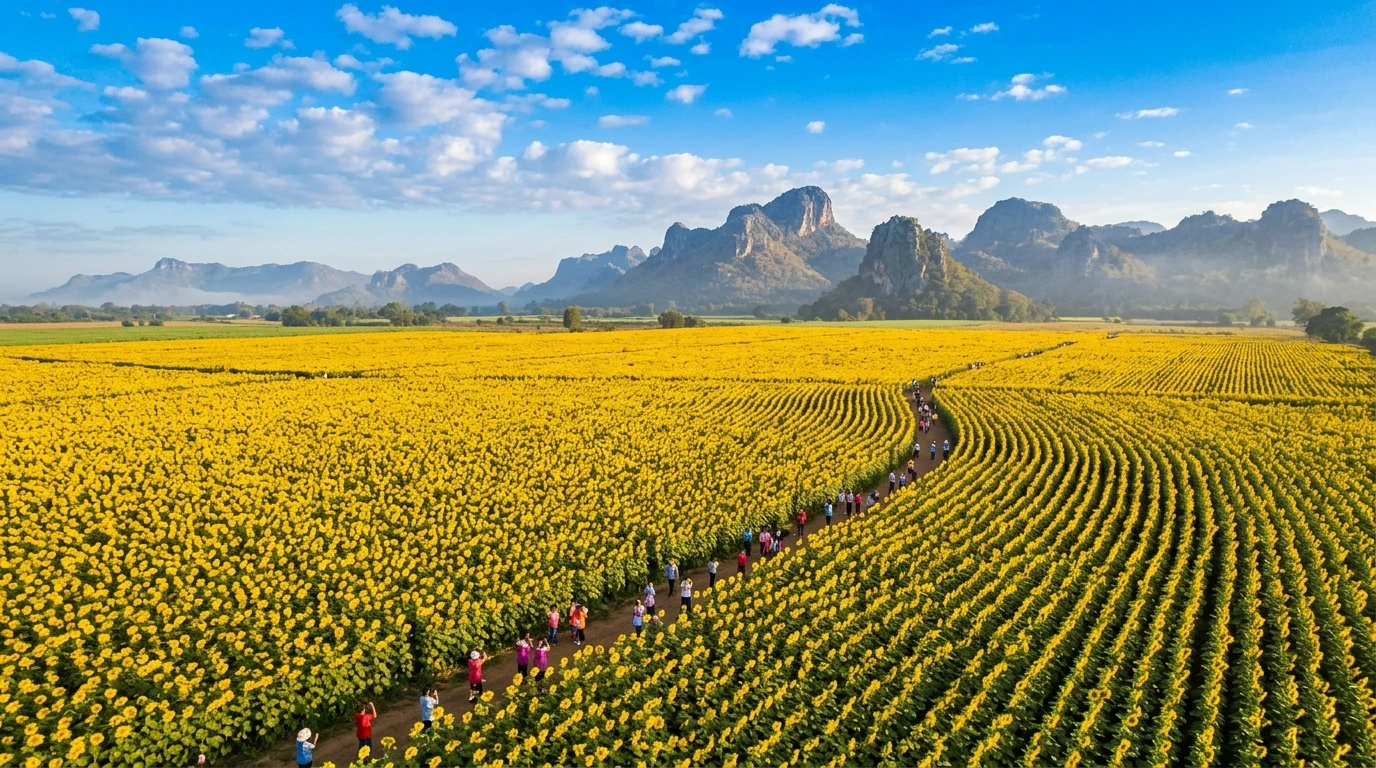 Golden Sunflower Fields of Saraburi — Saraburi, Saraburi, Thailand