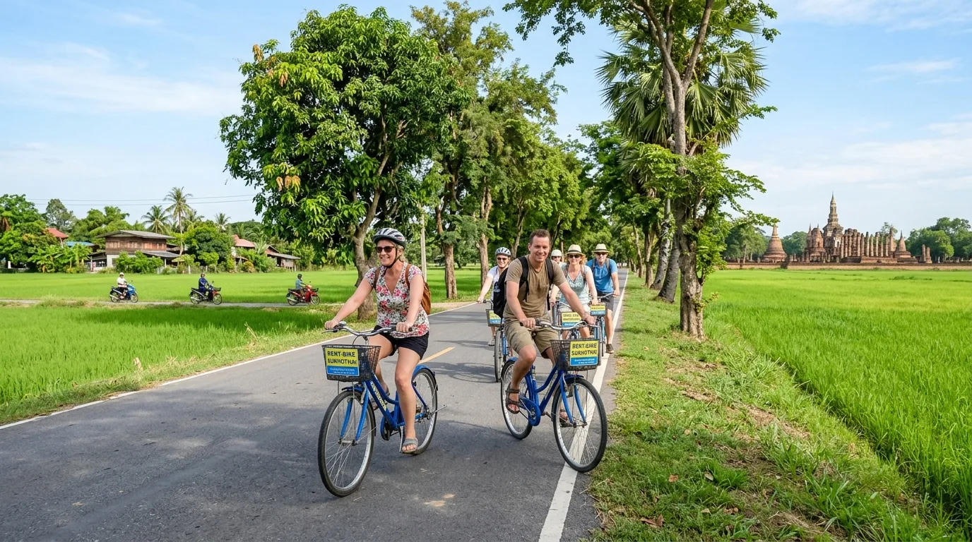 Cycling from Town to the Ancient Ruins Cycling from Town to the Ancient Ruins in Sukhothai New City, Sukhothai, Thailand