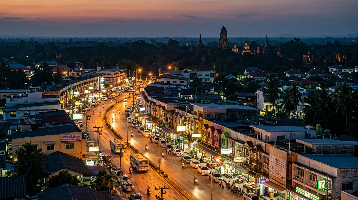 Modern Gateway Town with Ruins Beyond — Sukhothai New City, Sukhothai, Thailand