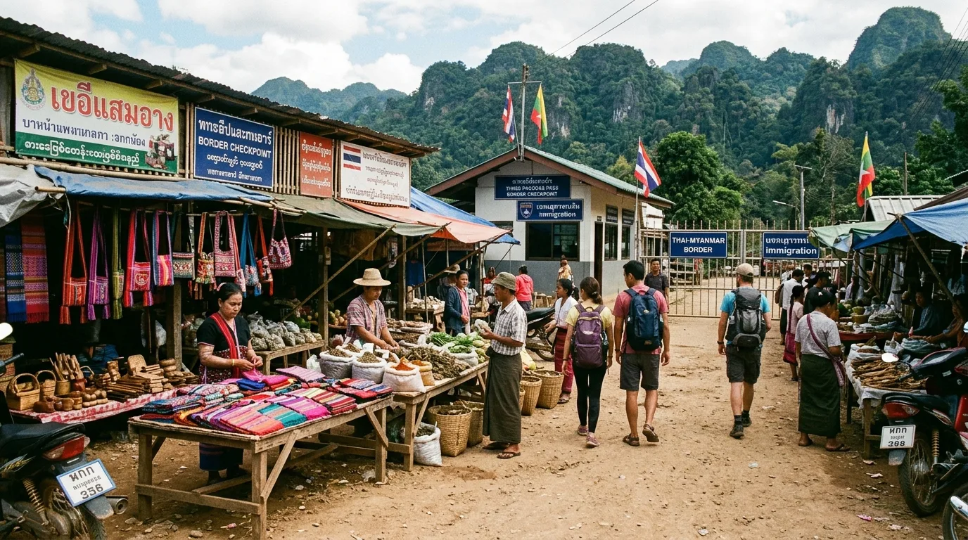Remote Border Market and Crossing Remote Border Market and Crossing at Three Pagodas Pass, Kanchanaburi, Thailand