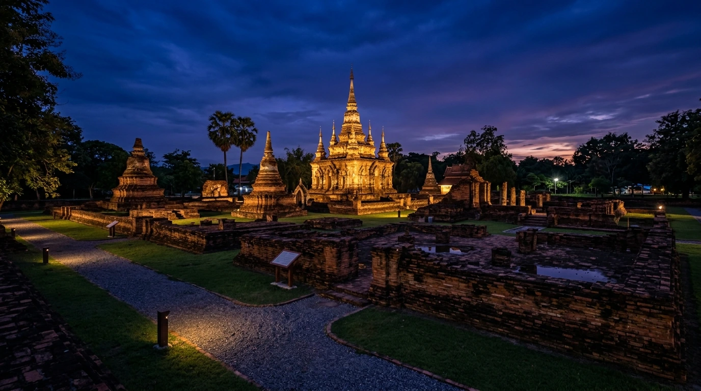 Excavated Lanna Ruins at Twilight — Wiang Kum Kam, Chiang Mai, Thailand
